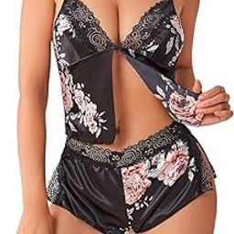 Ladies/Women Satin cami top Short Chemise Babydoll Floral Print for Bridal Sleepwear, Honeymoon Dress-image-1