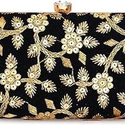Women Handicraft Hand Embroidered Box Clutch Bag Purse for Bridal, Casual, Wedding (Black Flower)-picture-12