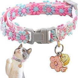 Qpets Floral Cat Collar, Cute Color Flower Cat Collar With Bell, Embroidery Handmade Sakura Charm Adjustable Quick Release Small Pet Collar,Floral Pink-21