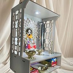 Hoodwin Wooden Wall Mounted Pooja Temple Shelf, Traditional Style with LED Light, Brown, 45 x 30 x 25 cm (White, T1T4)-picture-7