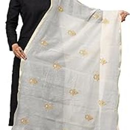 Women's White Chanderi 2.25 Meter Dupatta with all Over Gold Zari Motif Embroidery & Gold Zari Borders and Tassels-picture-9