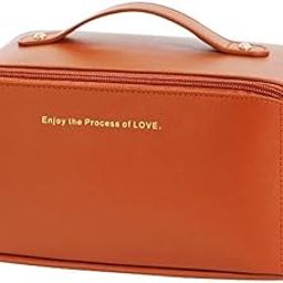 Travel Makeup Bag, Brown Leather, Multi-Compartment Cosmetic Organiser with Handle (Brown)-image-29