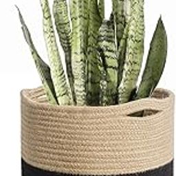 HASBY®Sturdy Jute Rope Plant Basket Modern Woven Basket for 10" Flower Pot Floor Indoor Planters, 10” x 10” Storage Organizer Basket Rustic Home Decor, Black and Beige Stripes-image-17