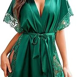 Lingerie for Women Satin Sleeping Robe Eyelash Lace Kimono Side Split Sexy Silk Robes-image-21