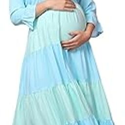 Women Maternity V Neck Bell Sleeve Tiered Fit & Flare Maxi Dress-image-62