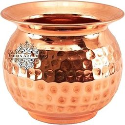 Indian Art Villa Pure Copper Pooja Kalash Lota with Hammered Matka Shaped Design, for Poojan Worship Temple Home, Volume- 750 ML-picture-21