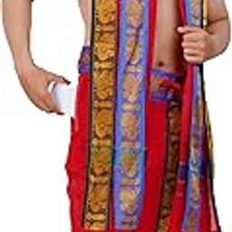 Traditional Mens Panchakacham Stitched Pocket Dhoti Angavastram Set, Cotton with Decorative Border, Multi colour decarative border, Ethnic Festive Wear-image-95