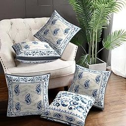 Flower Print 100% Pure Cotton Cushion Cover Set of 5 Decorative Covers for Sofa, Bedroom & Living Room (Size 16x16) (Blue)-25