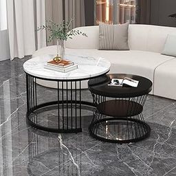 Fun Shelf Modern Round Coffee Table, Nestings Table Set of 2, Sofa Side Table with Marble Veneer Top and Center Tables Metal Frame, End Table for Living Room Bedroom Home or Office (Multicolor)-image-3