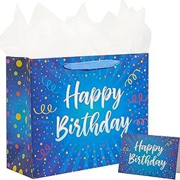 BULKYTREE 13" Large Happy Birthday Gift Bag with Card and Tissue Papers for Women Men Boys Girls Colorful Design with Handles-2