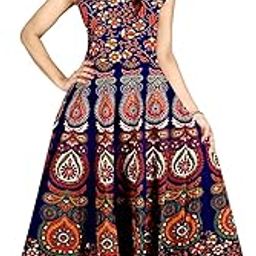 Womens' Multicolor Jaipuri Rajasthani Printed Cotton Maxi Frock Long Kurti Free Size-picture-44