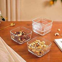 Nestasia Square Glass Bowls Set of 4 (300 ml Each) | Transparent Hammer - Textured Katori for Dessert & Ice Cream | Microwave & Dishwasher Safe Snack Bowls - Perfect for Gifting-image-44