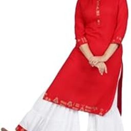 Vamika Creation Women's Red Kurti with White Palazzo Set, 3/4 Sleeves, Rayon Fabric-image-36