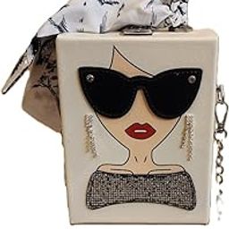 Fashion Box Quirky Handbag with Sunglasses Design, Pearl Earrings, Gold Chain Strap, Silk Scarf Handle-image-42
