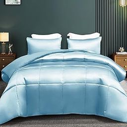 SANMARINO 300 TC Satin Silk AC Comforter Set King Size Double Bed with 1 Fltted bedsheet & Two King Pillow Covers, 4 Pieces Bedding Set (90x100 inch & 72x78 inch, Light Blue)-18