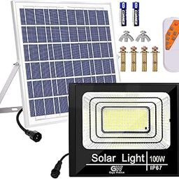 GIGAWATTS 100W Solar Flood Light with 15W Panel & Remote Control Rechargeable 6V Cool White Lights for Outdoor Indoor Garden Lawn Camping-picture-0