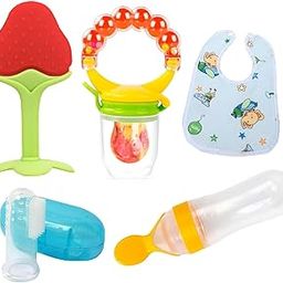 Joy Buzz Babies Fruit Feeder Pacifier (1 Pcs) With 1 Pcs Silicone Baby Food Dispensing Spoon 90Ml And 1 Pcs Fruit Teether 1Pcs Finger Brush 1 Pcs Baby Bib Gifting Combo (Rattle Combo 5 Pcs),Assorted-image-57