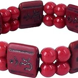 Wooden Om engraved Square and round Ball beaded Maroon colour stretch bracelet for Men and Women-23