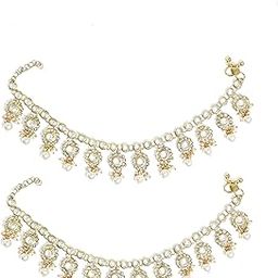 Gold-Plated Kundan & Pearls Studded Handcrafted Anklets-image-63