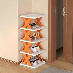 KIMANA Foldable Plastic Shoe Rack – 5 Layer Multipurpose Organizer for Entryway, Ofiice, Wardrobe & Bedroom | Stackable Storage Shelf for Shoes, Books, Toys (Orange)-image-36