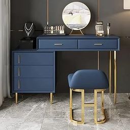 NG Decor, Modern Blue Makeup Vanity Set Retracted Dressing Table Cabinet&Stool&Mirror Included-25