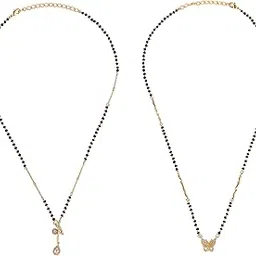 saloni fashion jewellery Traditional Modish Butterfly Design Gold Plated Combo Set of 2 Black Beaded Adjustable Chain Mangalsutra For Women-picture-14