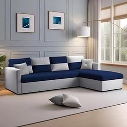 FURNY Arno 5 Seater Fabric RHS L Shape Sofa Set (Light Grey-Blue)-image-6