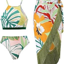 Halter Neck Bikini Set with Cover Up Tropical Print-picture-45
