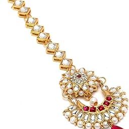 Gold-Plated Stones & Beads studded-beaded Meenakari Crescent Shaped Maang Tikka-1