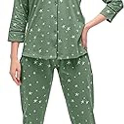 Women's Cotton Leaves Print Shirt & Payjama Full Sleeve Nightsuit Set-image-0