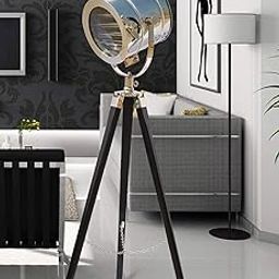 Nautical Chrome Beautiful Spotlight Lamp Wooden Tripod Searchlight Chrome Tripod Floor Lamp with Head (Black) Stand-image-43