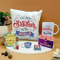 PICRAZEE Raksha Bandhan Gift Set for Brother – Rakhi with Roli-Chawal Bottles Tilak Set, 12” Cushion with Filler, Ceramic Mug, Keyring, Fridge Magnet, Greeting Card-image-125