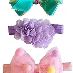 MosQuick Multicoloured Baby Girl's Hairbands, Soft, and Elastic Bow Headband, Elastic hair accessory,Suitable for Newborn Infants toddlers Hair Band set of 3 (Pink Bow,Purple Flower,Green Bow)-9