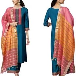 Women's Cotton Kurti Set with Dupatta & Palazzo | 3/4 Sleeve Kurta and Bottomwear | Comfortable Daily Use-picture-0