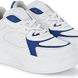Women's Platform Sneakers, White with Blue Accents, Chunky Sole-image-31