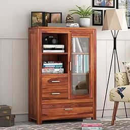 WOOD DECOR HANDICRAFT Wood Book Shelf for Home Library || Wooden Book Shelf Cabinet with Glass and Drawer Storage || Crockery Cabinet for Kitchen || Book Shelf with Door (Honey Finish)-image-87
