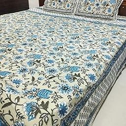 Cotton King Size Double Bedsheet with 2 Pillow Covers, Floral Blue Print, 254x274 cm-image-0