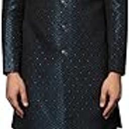 Mens Kurta Sherwani Trouser Set Silk Blend Jacquard, Indo-Western Ethnic Wear for Men, Navy Blue-picture-4