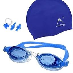 ArrowMax 100% Silicone Anti Fog Swimming Goggles,Cap,Earplug & Noseplug Set- Ideal for All Age Group | Silicone Non Slip | Easy to Carry and Skin Friendly- by Arrowmax (Blue)-25