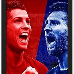 Ritwika's Painting Of Footballer Cristiano Ronaldo And Lionel Messi Roaring | Sports Poster Framed - Original Artwork in Red & Blue Color | With Glass, Size 13.5 x 19.5 Inch - Set of 1-picture-10