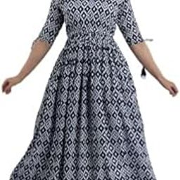Women and Girls fit and Flare Geometric Printed Pure Rayon Long anrkali Kurta with TPSsels tieup Sleeve Black-image-75