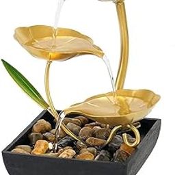 Tabletop Water Fountain – 3-Tier Gold Lotus Flower Design – Natural River Rock Base – Soothing Water Sound for Home, Office, Bedroom, Desk, Meditation, Spa & Relaxation-image-34