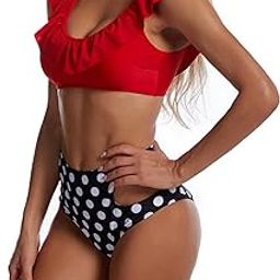 High Waisted Flounce Bikini, Polyester Falbala Swimsuit Comfortable Breathable for Hot Spring for Women for Beach (XL) Red-image-83