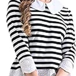 Women's Striped Top with Peter Pan Collar | Elegant 3/4 Sleeve Lace Trim Shirt | Stylish Casual & Office Wear | Black & White Striped Blouse for Women-image-60