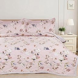 BSB HOME All-Weather Embroidered Ultrasonic Quilted 3 Pcs Comforter Set with Pillow Shams- Light Weight Bedspread/Duvet/Quilt - Double, 150 GSM | Floral White Light Pink-23