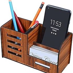 Kbr Pen Stand With Visiting Card & Mobile Holder Multipurpose Wooden Stationery Desk Organizer Pen And Pencil Stand For Office Table With Business Card Holder Box And Mobile Stand Line, Brown-picture-25