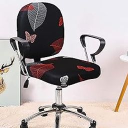 Cortina Rotating Chair Office Covers | Soft Stretchable Elastic Spandex Material | Elastic Computer Chair Slip Covers | Removable Chair Case | Leaf Print – Black 2 | Chair Cover Set of 1-image-45