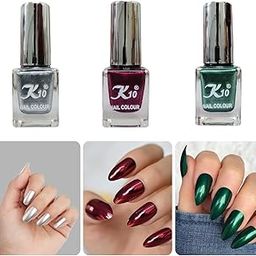 K10 Nail Polish| Metallic Finish Nail Paint|Quick Drying| Non UV Polish - Gel Finish |Chip Resistant Long-Lasting Multicolor Nail paint | Silver| Maroon And Green| Set of 3| (12ml each)-14