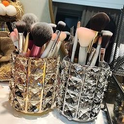 wolpin 1 Pc Crystal Cosmetic Makeup Brush Storage Holder Organiser Lipstick Pen Storage Box Embellished Stand for Dressing Table (10 x 10 x 12 cm, Gold)-image-60