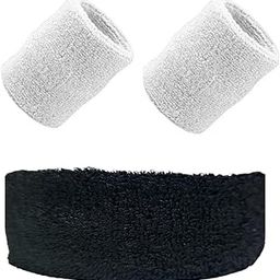 Cotton Sweatband Set – Black Headband & White Wristbands for Men & Women – Soft, Absorbent Sports Sweat Band for Gym, Running, Tennis, Basketball – Stretchy Athletic Sweatbands (3-Piece Set) (Black)-image-68